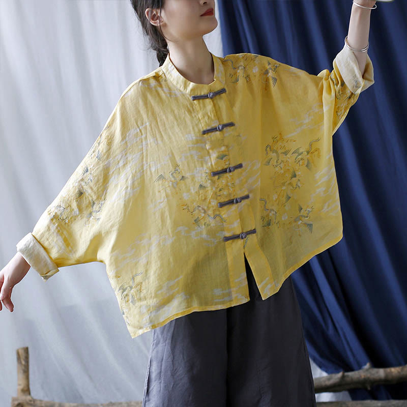 Mythstone Yellow Phoenix Print Frog-button Design Long Sleeve Ramie Linen Jacket Shirt