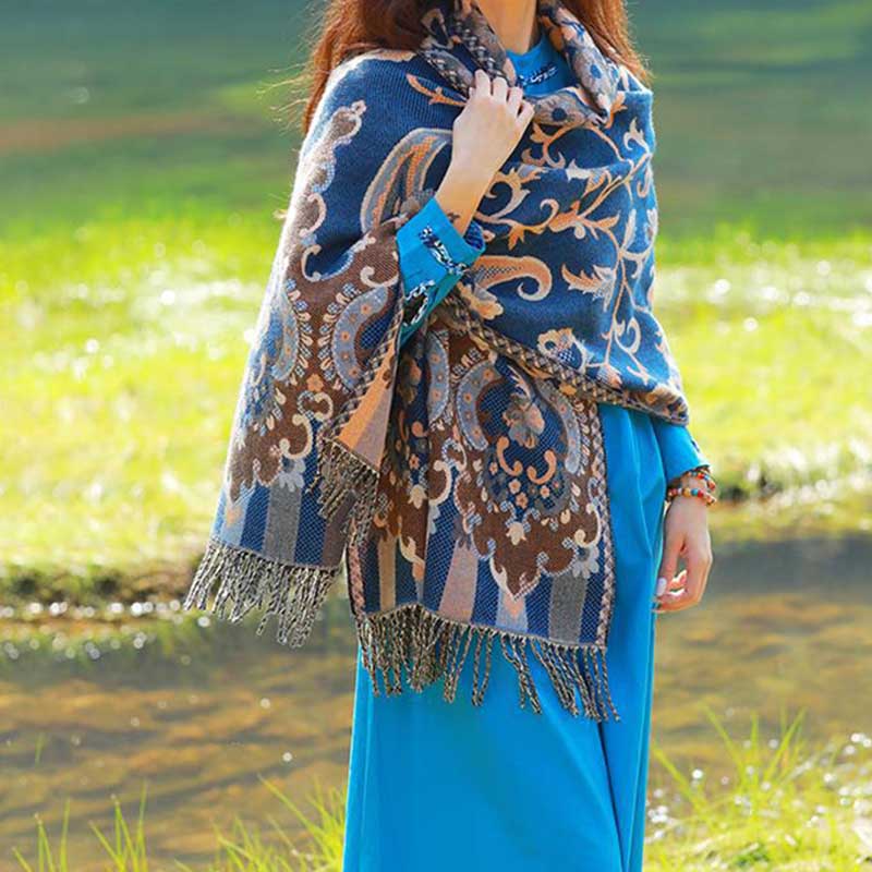 Mythstone Tibetan Flowers Leaves Branch Design Tassel Shawl Cozy Travel Scarf Wrap