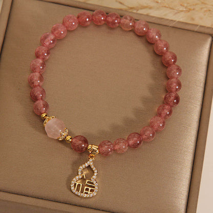 MythStone Strawberry Quartz Gourd Fu Character Charm Positive Bracelet