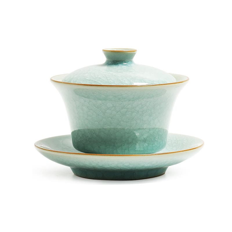 Mythstone Retro Green Ice Glaze Ceramic Gaiwan Sancai Teacup Kung Fu Tea Cup And Saucer With Lid