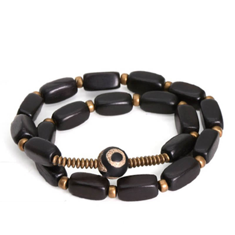 Mythstone Tibet Ebony Wood Dzi Bead Copper Balance Double Wrap Bracelet