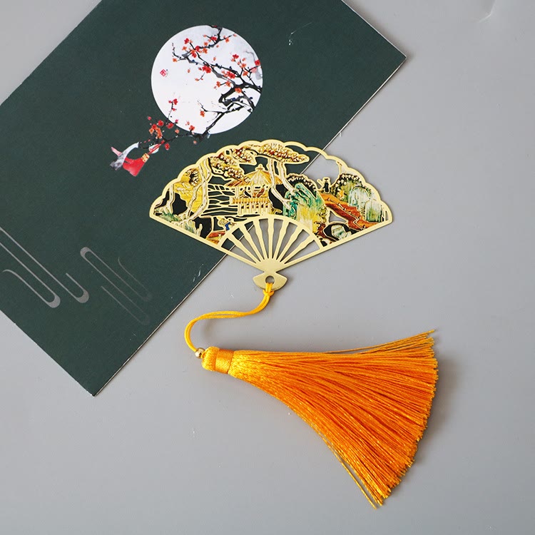 Mythstone Traditional Butterfly Lotus Flower Crane Dragon Phoenix Fox Koi Fish New Beginning Metal Brass Hollow Fan Bookmarks