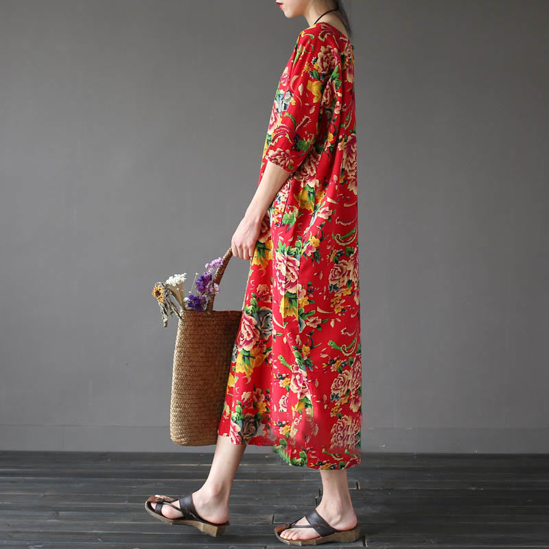 Mythstone Red Peony Flowers Printed Midi Dress Half Sleeve Cotton Linen Dress