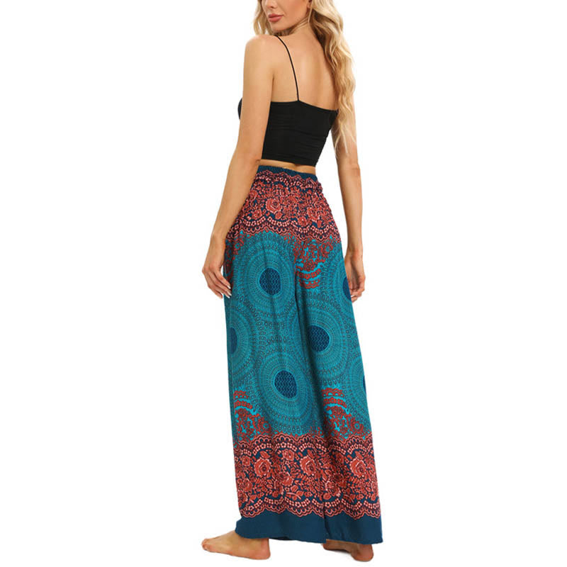 Mythstone Bohemian Compass Flower Print Lace-up Wide Leg Pants Women's Yoga Pants