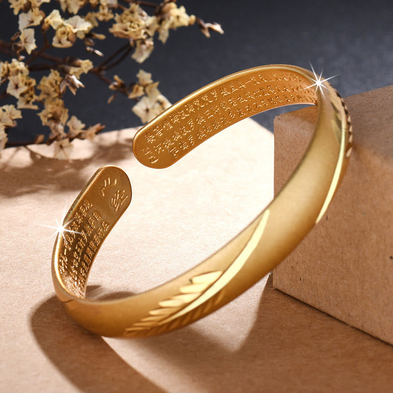 Mythstone Feather Heart Sutra Engraved Pattern Wealth Copper Cuff Bracelet Bangle