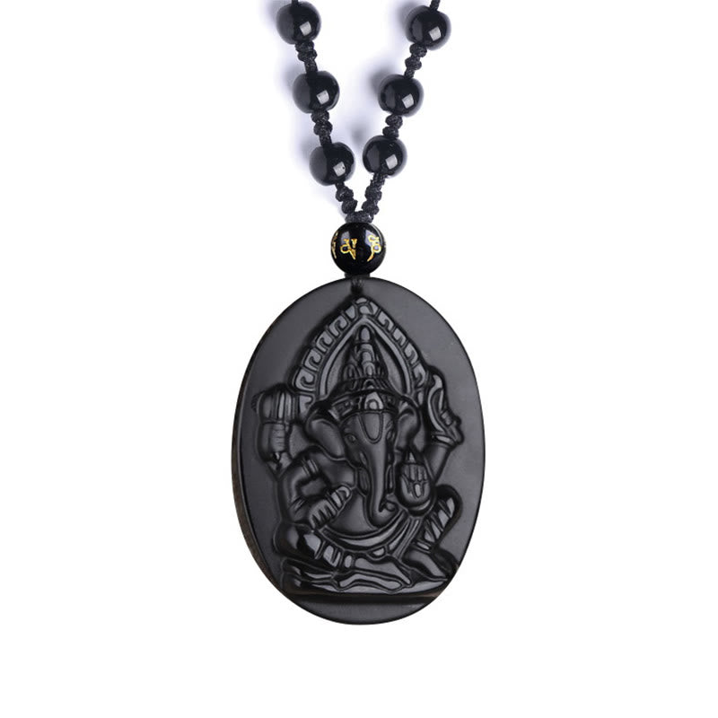 Mythstone Tibetan Obsidian Ganesh Ganpati Elephant Wealth Amulet Necklace