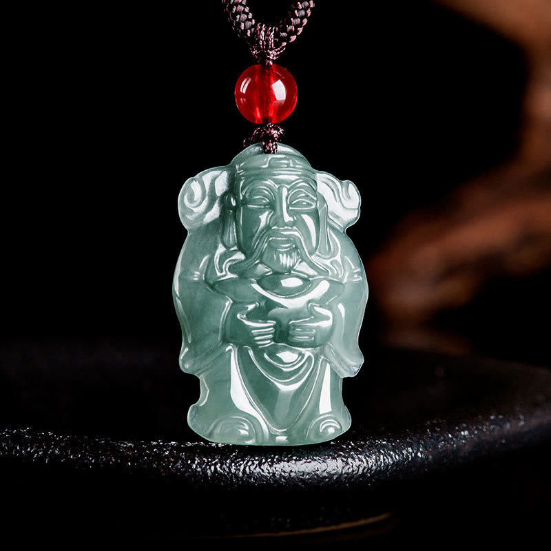 Mythstone Natural Green Jade Chinese God of Wealth Caishen Ingot Abundance Necklace Pendant