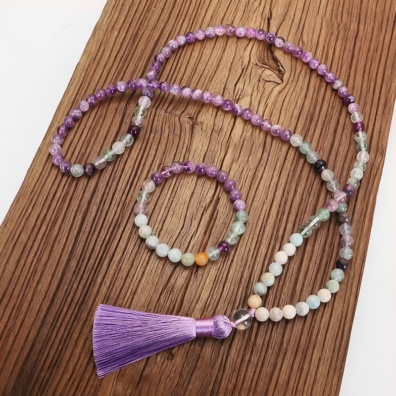 108 Mala Beads Amethyst Fluorite Amazonite Spiritual Positive Tassel Bracelet