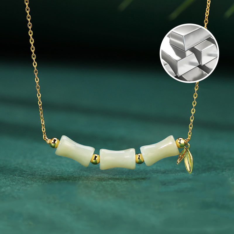 Mythstone 925 Sterling Silver Hetian Jade Bamboo Fu Character Prosperity Necklace Pendant Bracelet