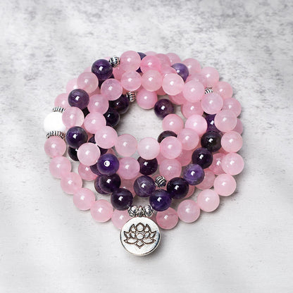 Mythstone Natural Rose Quartz & Amethyst Mala Bead Lotus Pendant Bracelet