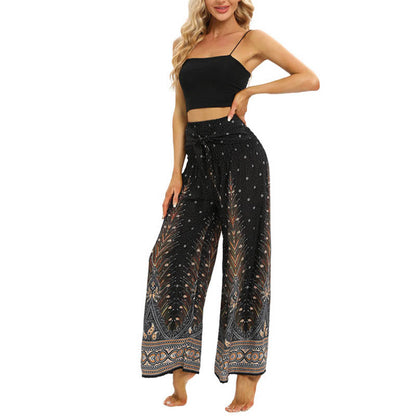 Mythstone Boho Peacock Feathers Lace-up Wide Leg Pants Women's Yoga Pants