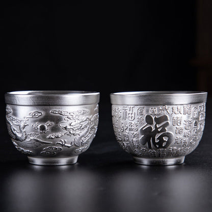 Mythstone Fu Character Dragon Phoenix Horse Koi Fish Silver Gilding Ceramic Teacup Kung Fu Tea Cup