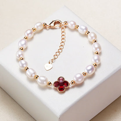 MythStone Pearl Four Leaf Clover Wealth Chain Bracelet