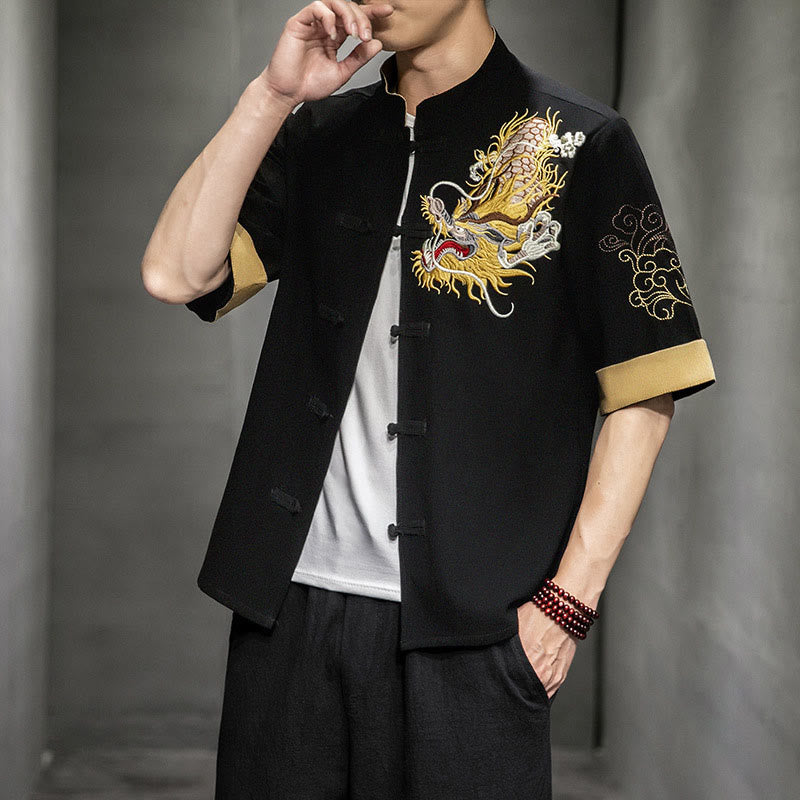 Mythstone Frog-Button Chinese Dragon Auspicious Cloud Embroidery Half Sleeve Shirt Cotton Linen Men Clothing