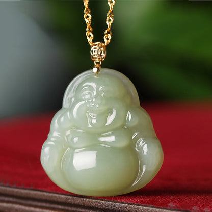 Mythstone 925 Sterling Silver Laughing Buddha Cyan Jade 18K Gold Success Necklace Pendant