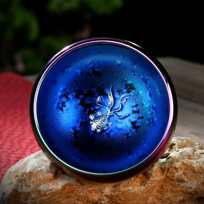 Mythstone Lotus Dragon Phoenix Koi Fish Peacock Chinese Jianzhan Inlaid Silver Kiln Change Ceramic Teacup Kung Fu Tea Cup