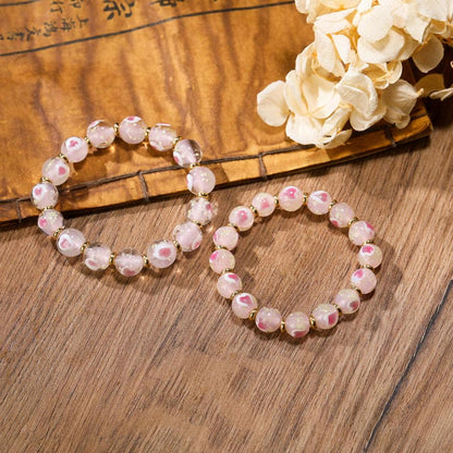 Mythstone Gold Swallowing Beast Family Charm Luminous Pink Love Heart Fluorescent Liuli Glass Bead Blessings Bracelet