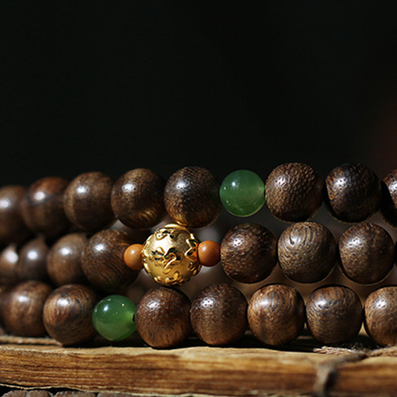 Mythstone 999 Gold 108 Mala Beads Kalimantan Agarwood Cyan Jade Six True Words Strength Bracelet