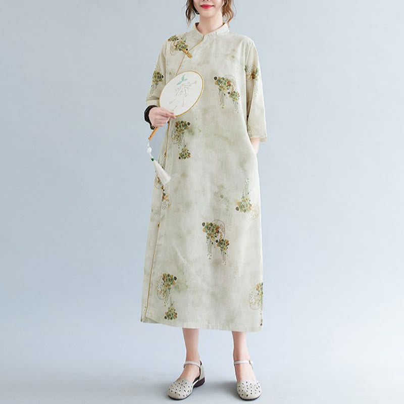 Mythstone Flowers Green Yellow Leaves Print Cheongsam Midi Dress Three Quarter Sleeve Dress With Pockets