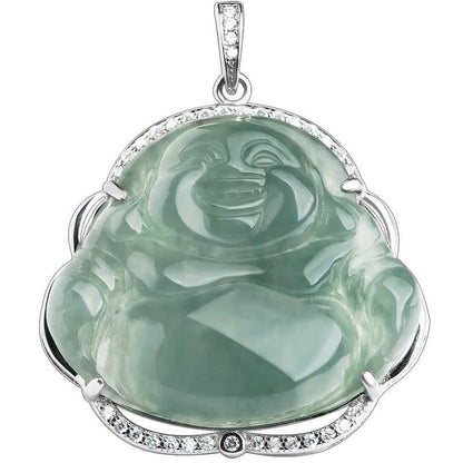 Mythstone 925 Sterling Silver Laughing Buddha Natural Jade Luck Necklace Chain Pendant