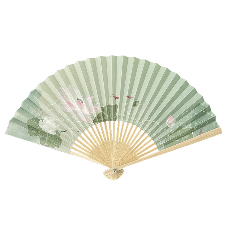 Mythstone Lotus Flowers Leaf Koi Fish Handheld Paper Bamboo Folding Fan