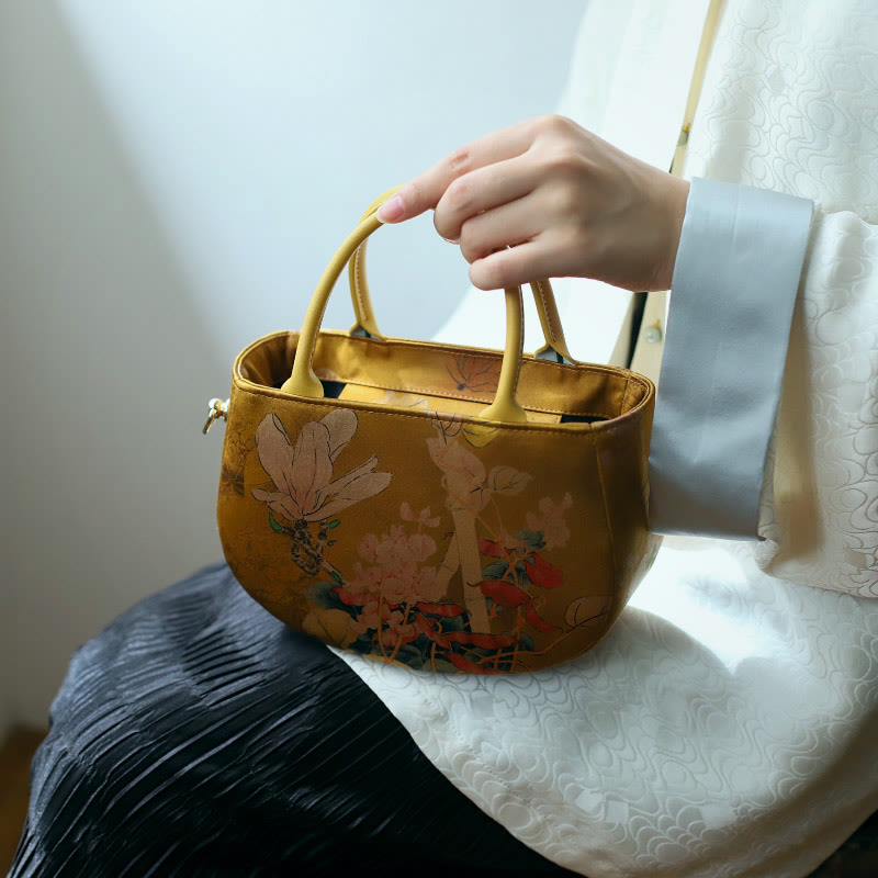 Bolso de mano con cadena de metal y cremallera de Mythstone con diseño de peonías y flores vintage 