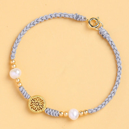 Pulsera trenzada con cuerda azul y perla de la suerte y árbol de la fortuna con monedas de cobre de Mythstone 