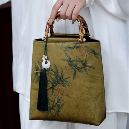 Mythstone Yellow Green Bamboo Leaves Bamboo Handles Handbag