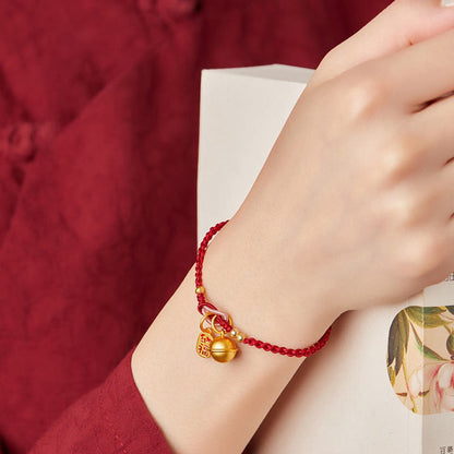 Mythstone Handmade Fu Character Charm Luck Happiness Bell Red Rope Bracelet