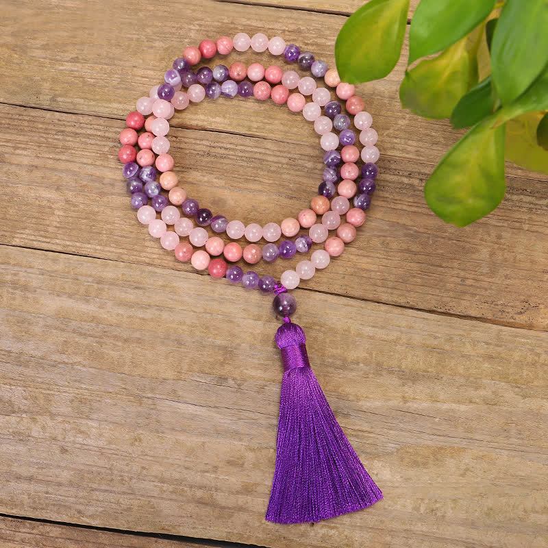 Mythstone 108 Mala Beads Amethyst Rose Quartz Spiritual Healing Tassel Bracelet