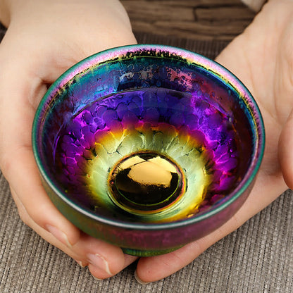 Mythstone Handmade Fairy Rainbow Chinese Jianzhan Ceramic Teacup Tenmoku Kung Fu Tea Cup