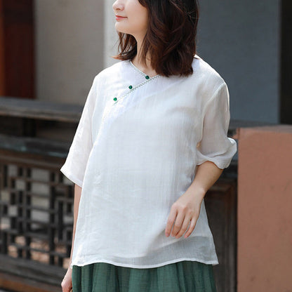 Mythstone V-Neck Ramie Linen Loose Casual Blouse Short Sleeve Shirt Chinese Style Top