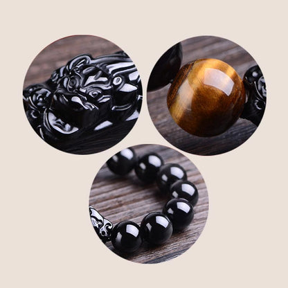 Pulsera de fuerza de ojo de tigre PiXiu con obsidiana negra natural Mythstone 