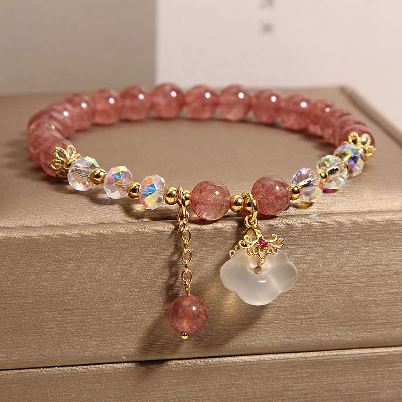 Mythstone Natural Strawberry Quartz Crystal White Agate Auspicious Cloud Healing Bracelet