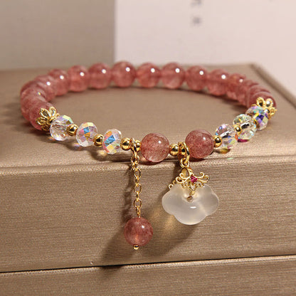 Mythstone Natural Strawberry Quartz Crystal White Agate Auspicious Cloud Healing Bracelet