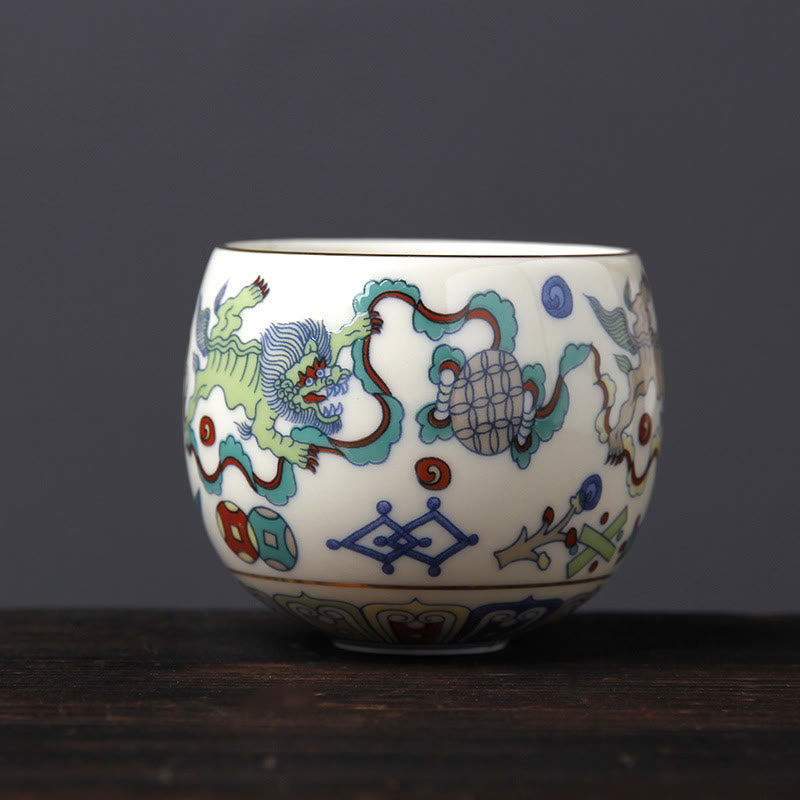 Mythstone Vintage Plum Blossom Pine Bamboo Phoenix Kirin Lion Dancing Ceramic Teacup Tea Cups