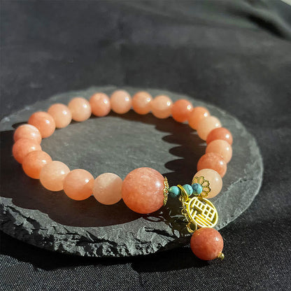 Mythstone Natural Orange Stone Turquoise Fu Character Charm Luck Fortune Bracelet