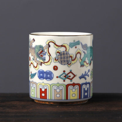 Mythstone Vintage Plum Blossom Pine Bamboo Phoenix Kirin Lion Dancing Ceramic Teacup Tea Cups