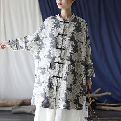 Mythstone Black Gray Beige Print Frog-button Design Long Sleeve Cotton Linen Jacket Shirt With Pockets