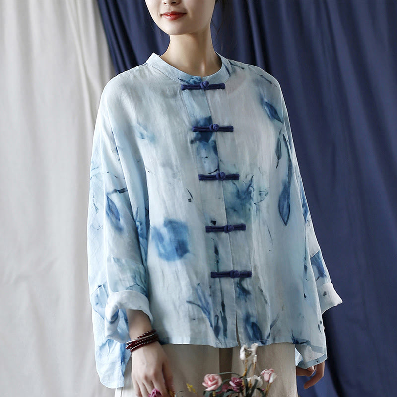 Mythstone Tie Dye Blue Flowers Frog-Button Design Long Sleeve Ramie Linen Jacket Shirt