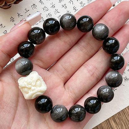 Pulsera de protección con león danzante y semilla de bodhi de obsidiana plateada y brillo de piedra mitológica