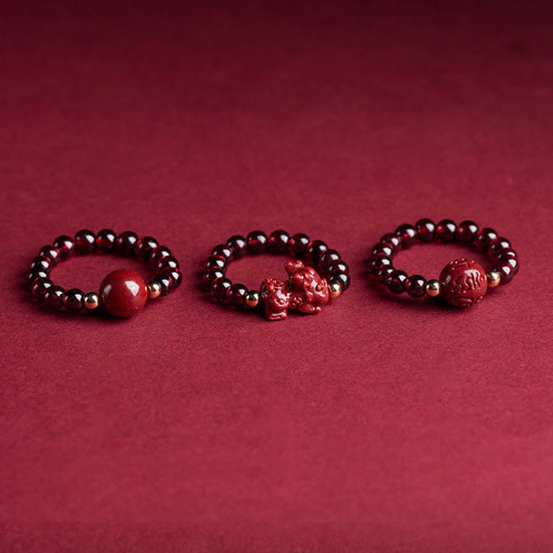 Mythstone Garnet Cinnabar Lucky Bead PiXiu Om Mani Padme Hum Rose Protection Ring