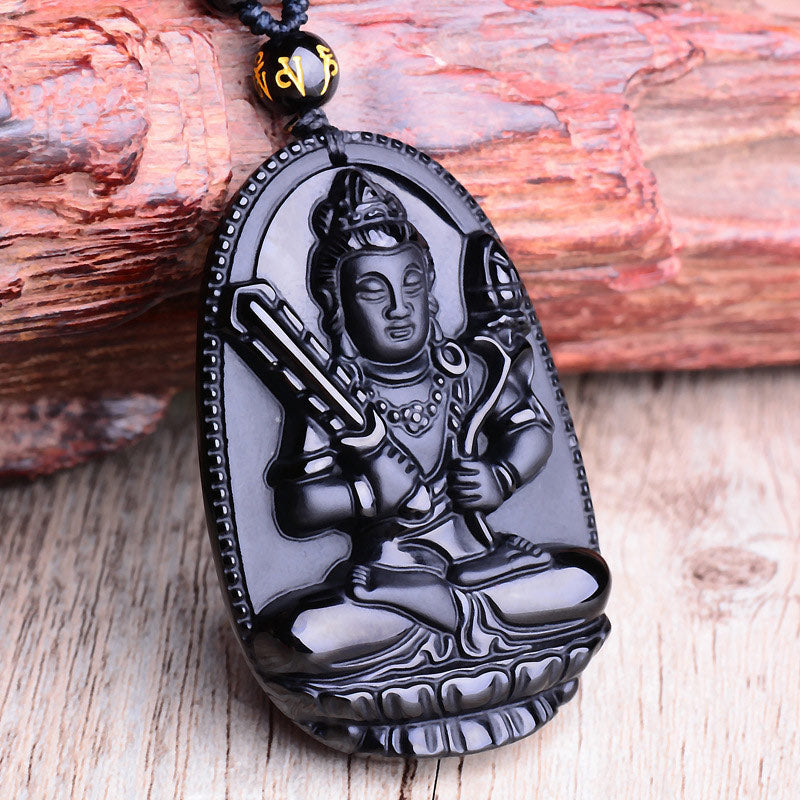 Mythstone Chinese Zodiac Obsidian Buddha Amulet Protection Pendant Necklace