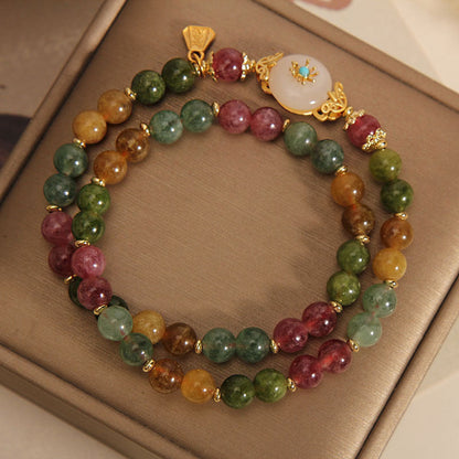 Mythstone Natural Multicolored Tourmaline Positive Jade Flower Double Wrap Bracelet