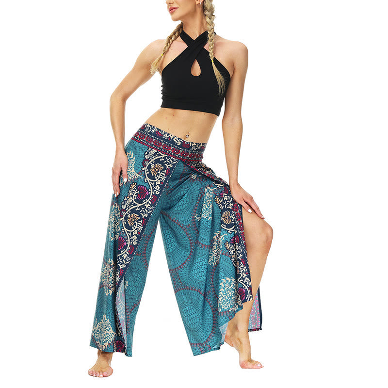 Mythstone Boho Flower Vine Split Thigh Wide Leg Pants Sports Fitness Dance Women's Yoga Pants