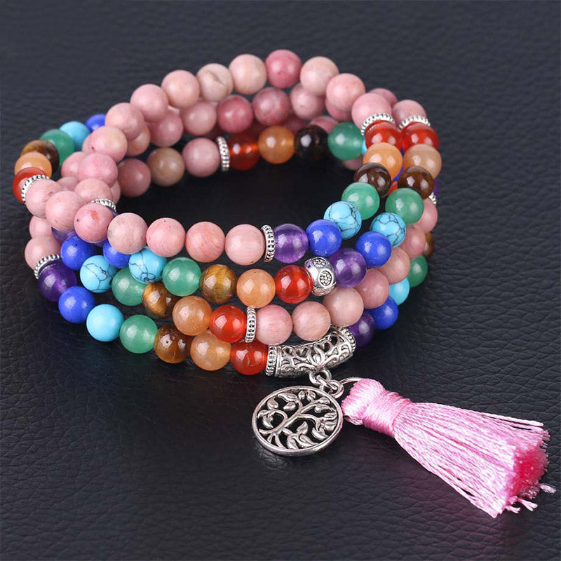 Mythstone 108 Mala Beads Rhodonite Blue Crystal Lazulite Healing Bracelet