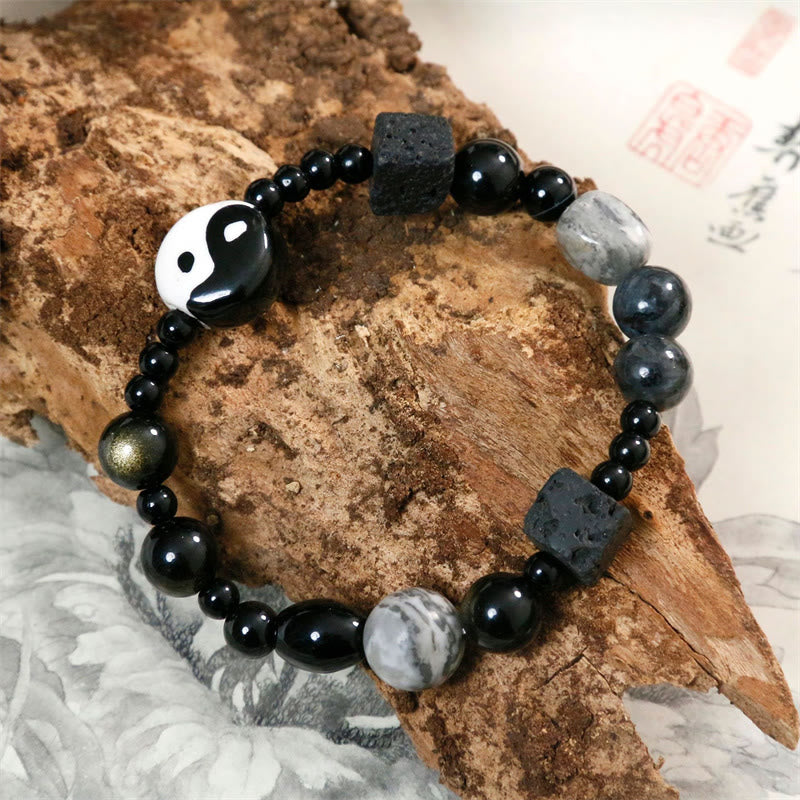 Mythstone Black Onyx Picasso Jasper Bead Yin Yang Fortune Protection Bracelet