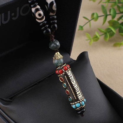 Mythstone Tibetan Om Mani Padme Hum Dzi Bead Wenge Wood Necklace Pendant