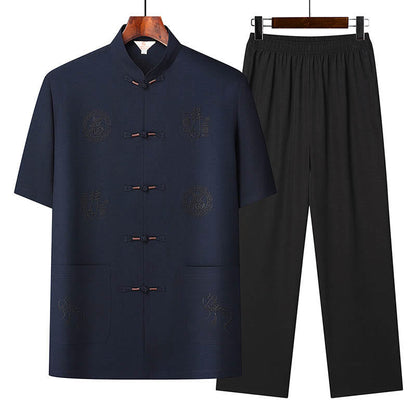 Mythstone Fu Character Good Fortune Embroidery Tang Suit Traditional Uniform Short Sleeve Top Pants Clothing Men's Set