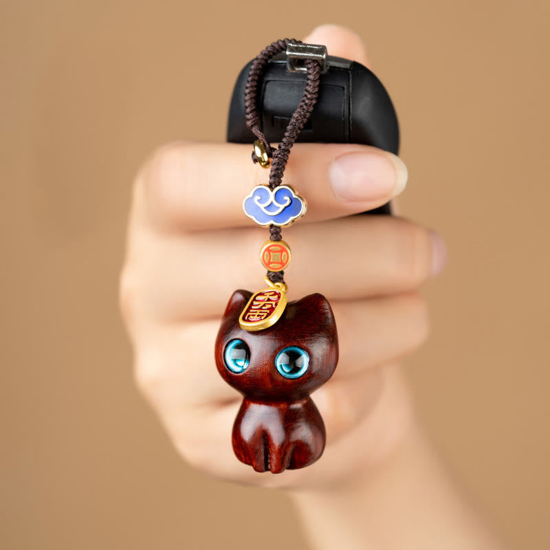 Mythstone Small Leaf Red Sandalwood Ebony Wood Lucky Cat Protection Key Chain Phone Hanging Decoration